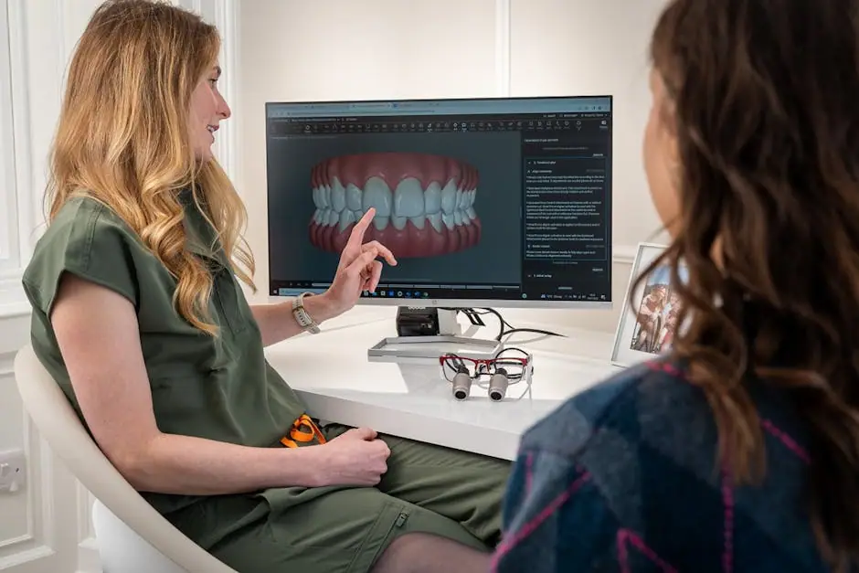Dentist reviewing a 3D dental scan with a patient before sinus lift surgery in Miami.